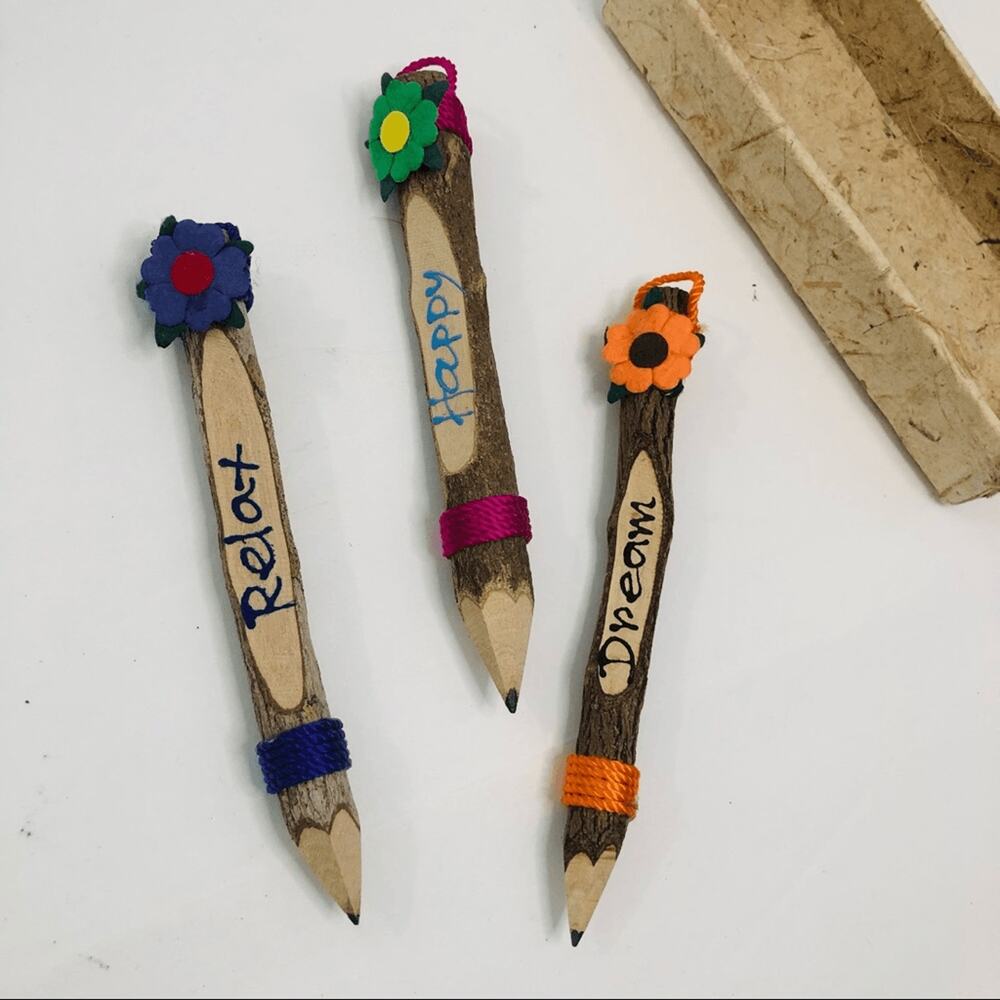 Handmade Natural Twig Pencil Set 3pc Relax Happy Dream Wood Branch Pencils Boxed
